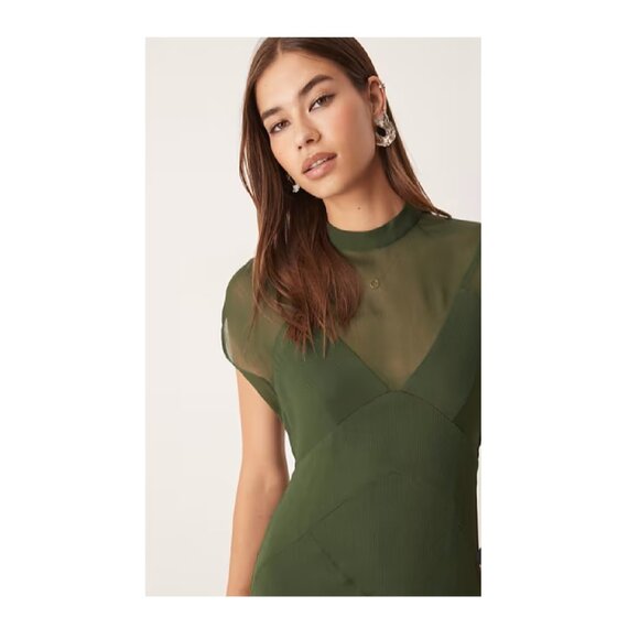 ASOS Design High-Neck Hanky Hem Chiffon Maxi Dress, Dark Moss, size 14 (altered) - Picture 2 of 9